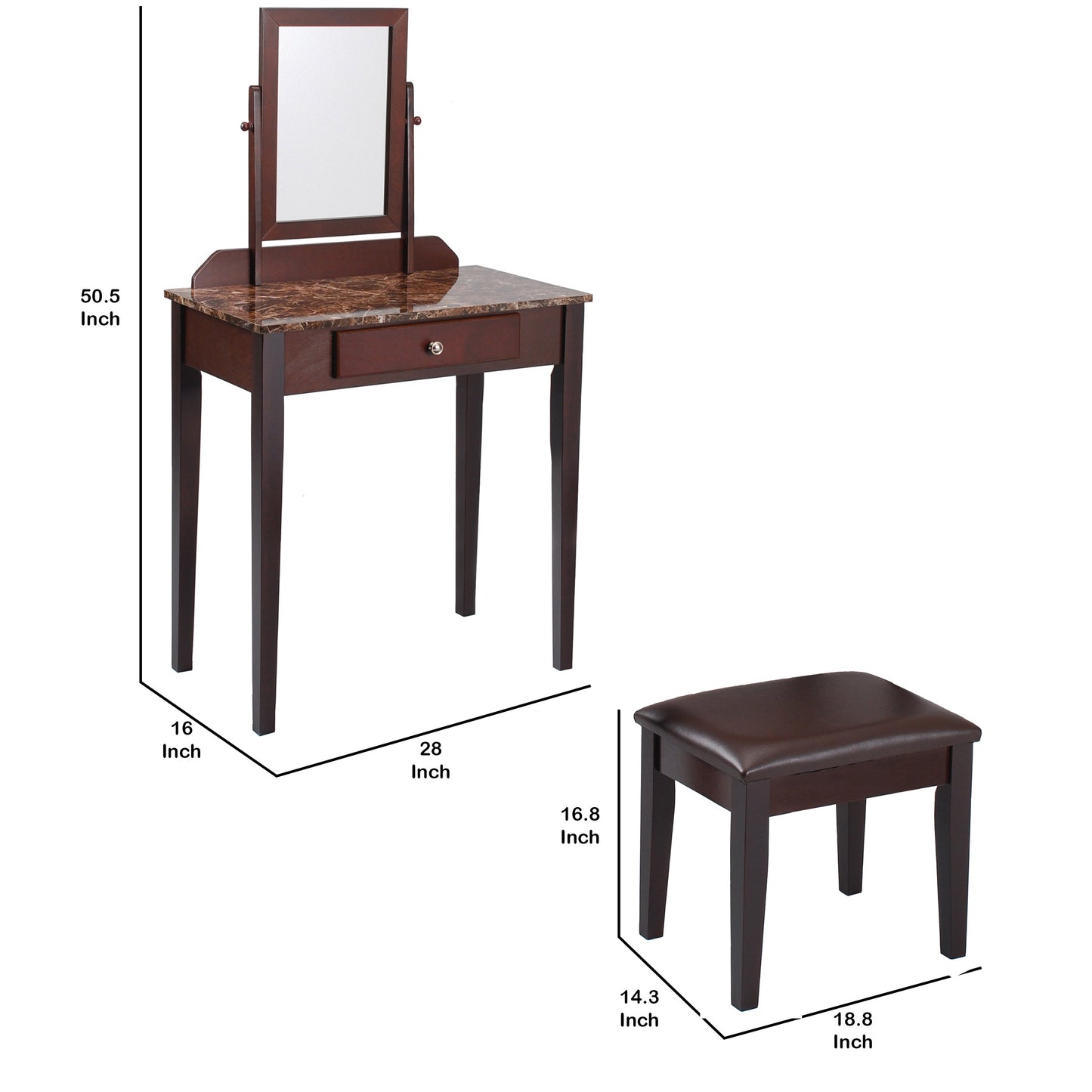 Wood and Faux Leather Vanity Set with Faux Marble Top, Brown By Benzara | Dressers | Modishstore - 5