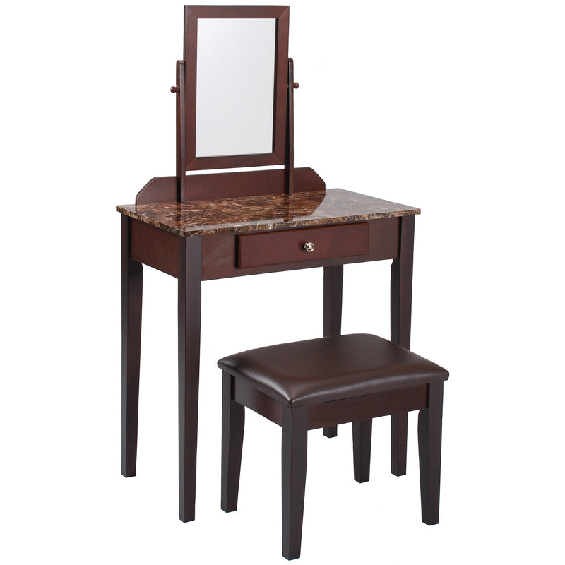 Wood and Faux Leather Vanity Set with Faux Marble Top, Brown By Benzara | Dressers | Modishstore