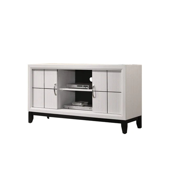 Wooden TV Stand with 2 Drawers and 2 Open Compartments, White and Black By Benzara | Cabinets | Modishstore