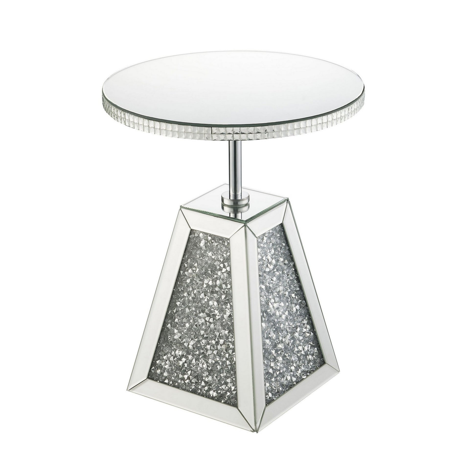 Round Mirrored Accent Table with Pedestal Base and Glass Top, Silver By Benzara | Accent Tables | Modishstore