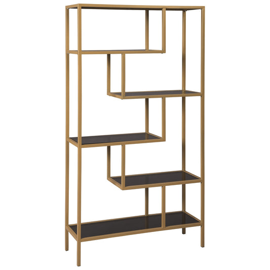 Metal Frame Bookcase with 5 Tiered Display Glass Shelves, Gold and Black By Benzara | Bookcases | Modishstore