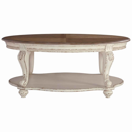 Two Tone Oval Cocktail Table with Bottom Shelf, Antique White and Brown By Benzara | Coffee Tables | Modishstore