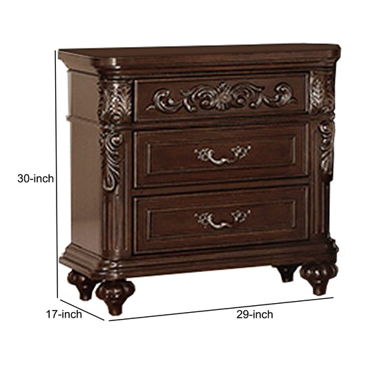 30 Inches 3 Drawer Engraved Wooden Nightstand, Brown By Benzara | Nightstands | Modishstore