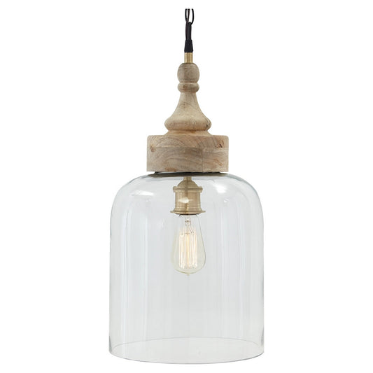 Inverted U Glass Pendant Light with Wood Finial Crown Top, Brown and Clear By Benzara | Chandeliers | Modishstore