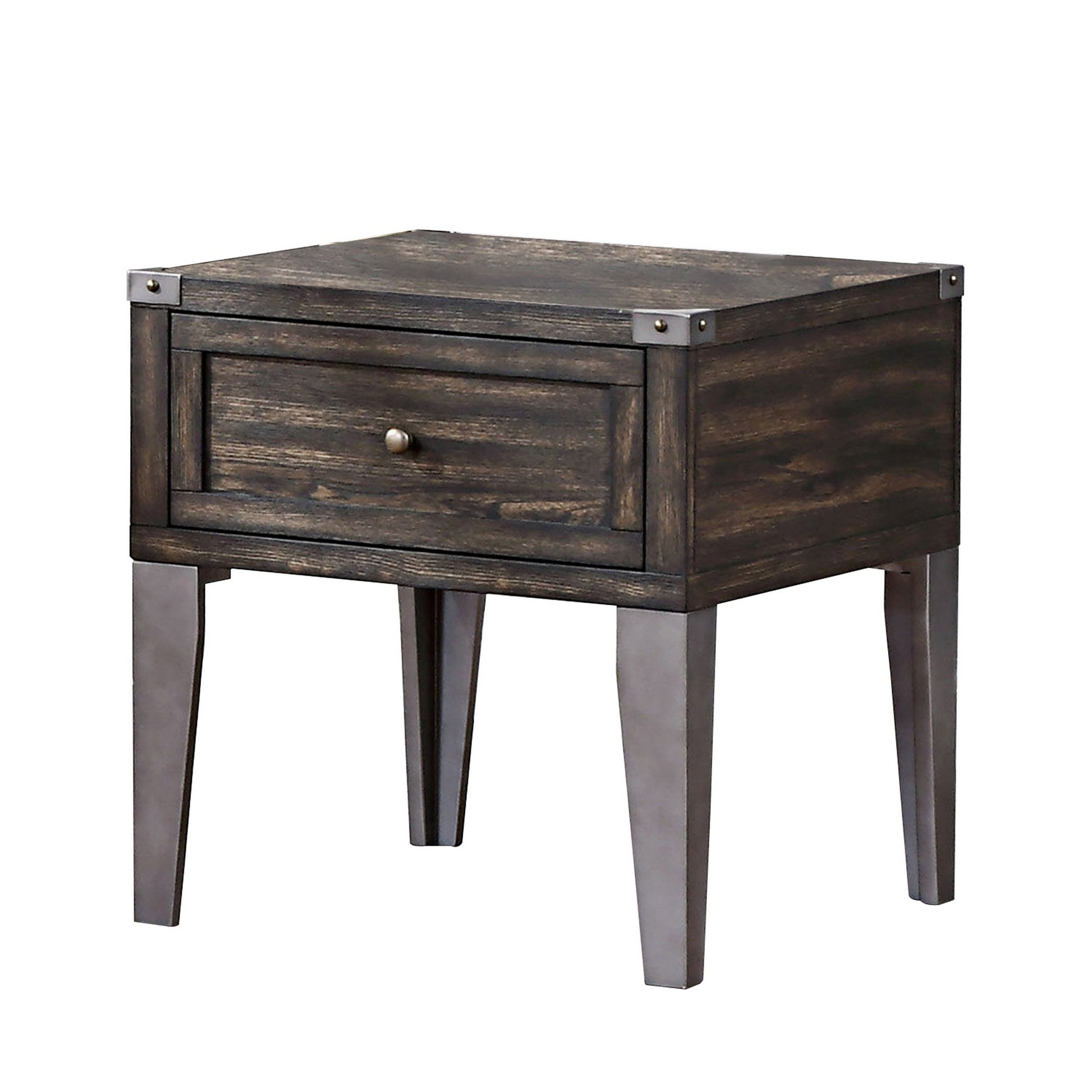 1 Drawer Wooden End Table with Metal Angled Legs, Brown By Benzara | End Tables | Modishstore