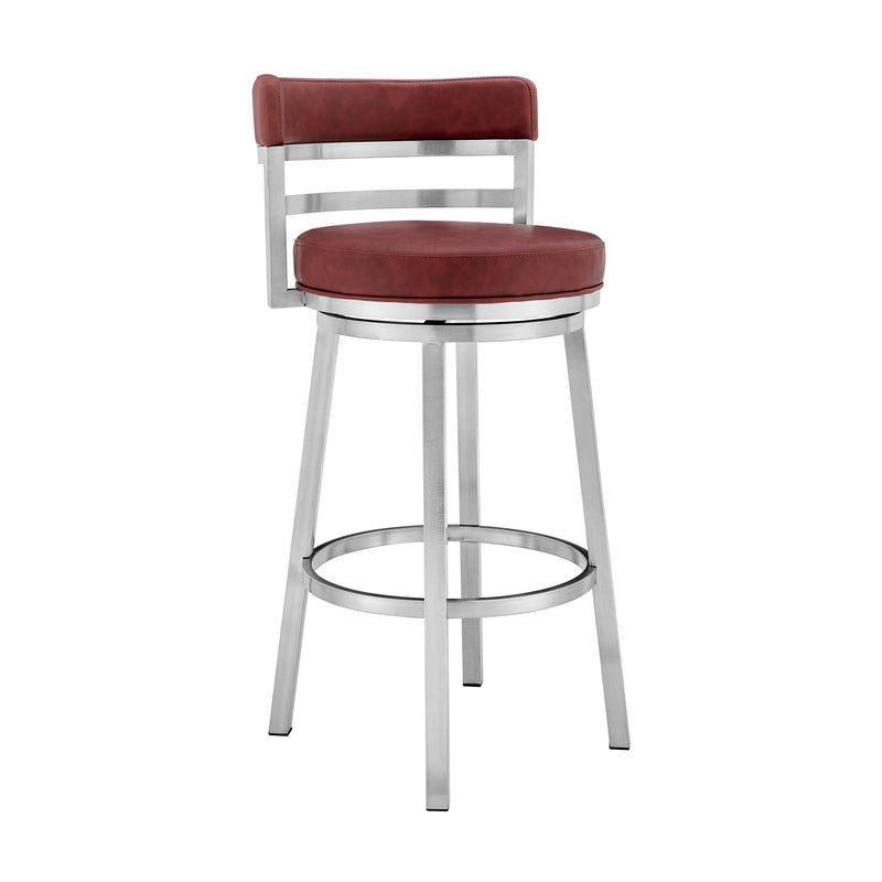 30 Inch Leatherette Counter Height Barstool, Silver and Red By Benzara | Bar Stools | Modishstore