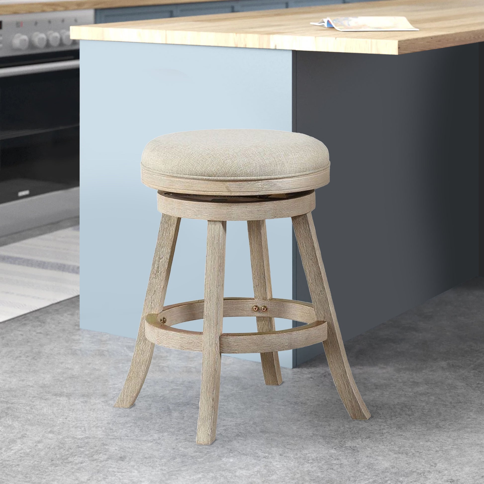 Wooden Swivel Counter Stool with Round Fabric Seat, Gray By Benzara | Stools | Modishstore