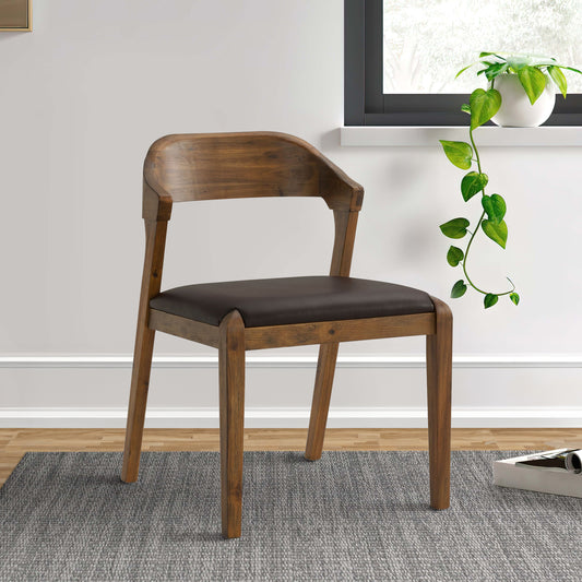 Curved Panel Back Dining Chair with Leatherette Seat, Brown By Benzara | Dining Chairs | Modishstore