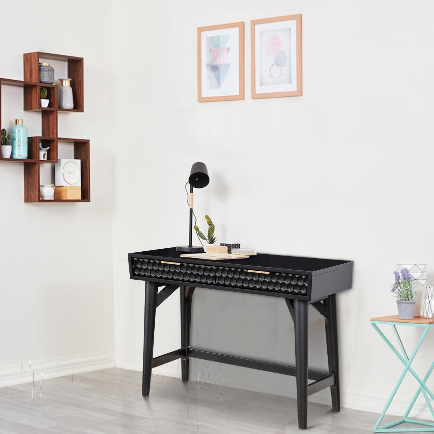 Writing Desk with 2 Drawers and Wooden Frame, Black By Benzara | Desks | Modishstore