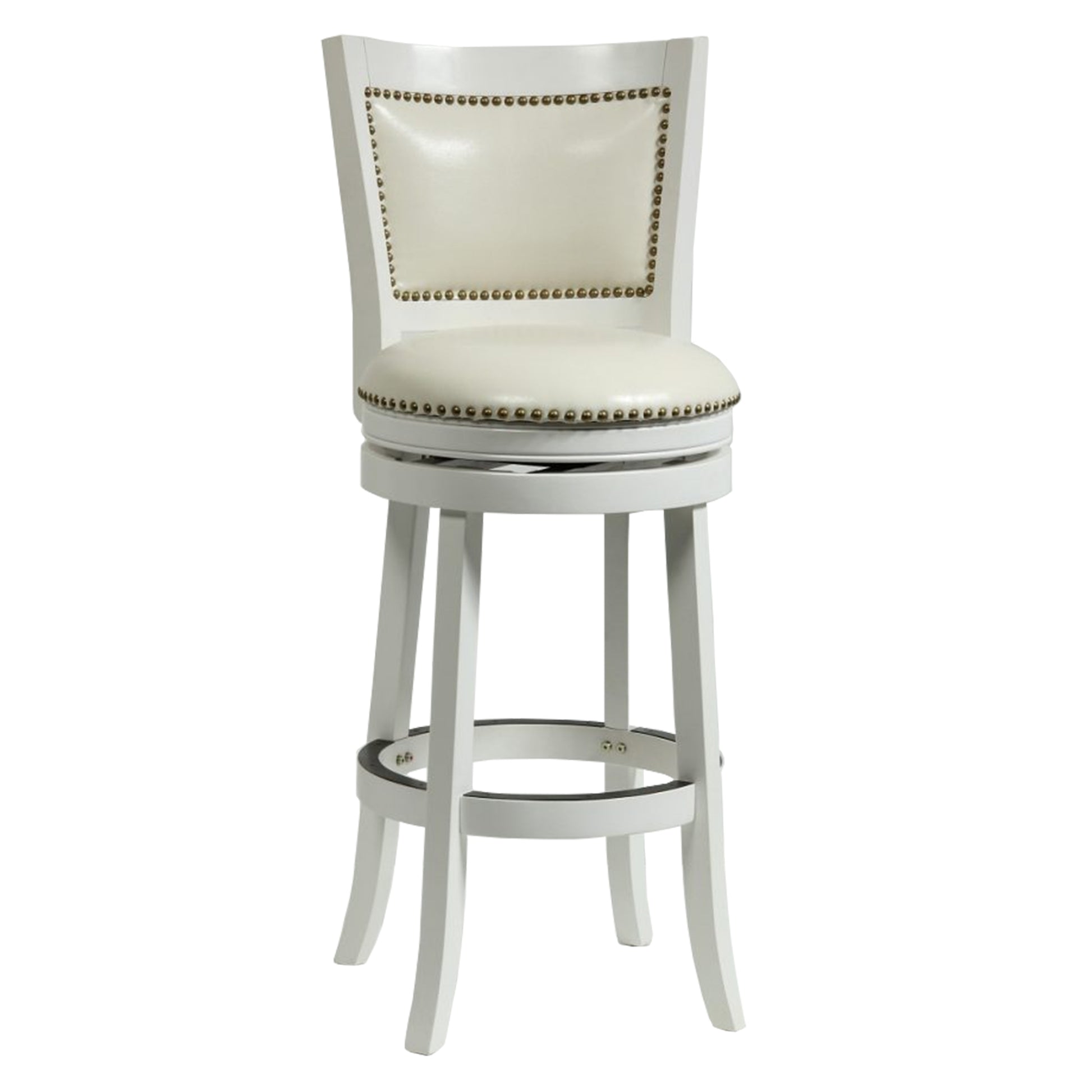 Nailhead Trim Round Leatherette Barstool with Flared Legs, White By Benzara | Bar Stools | Modishstore - 2