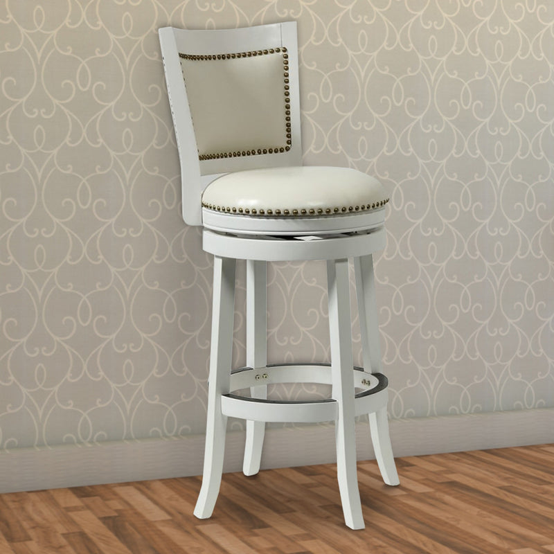 Nailhead Trim Round Leatherette Barstool with Flared Legs, White By Benzara | Bar Stools | Modishstore