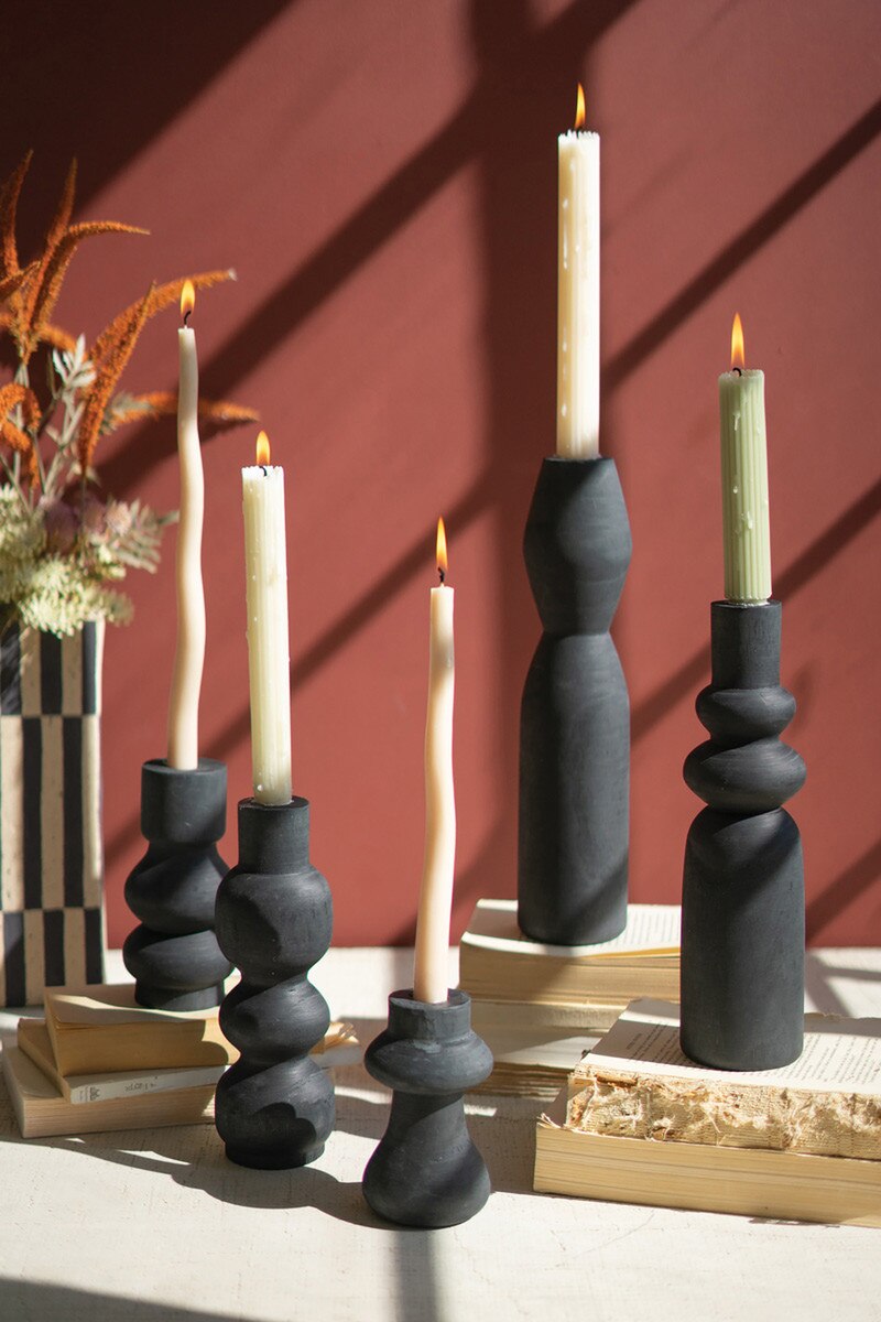 Set Of Five Carved Black Wood Taper Candle Holders By Kalalou | Candle Holders | Modishstore - 1