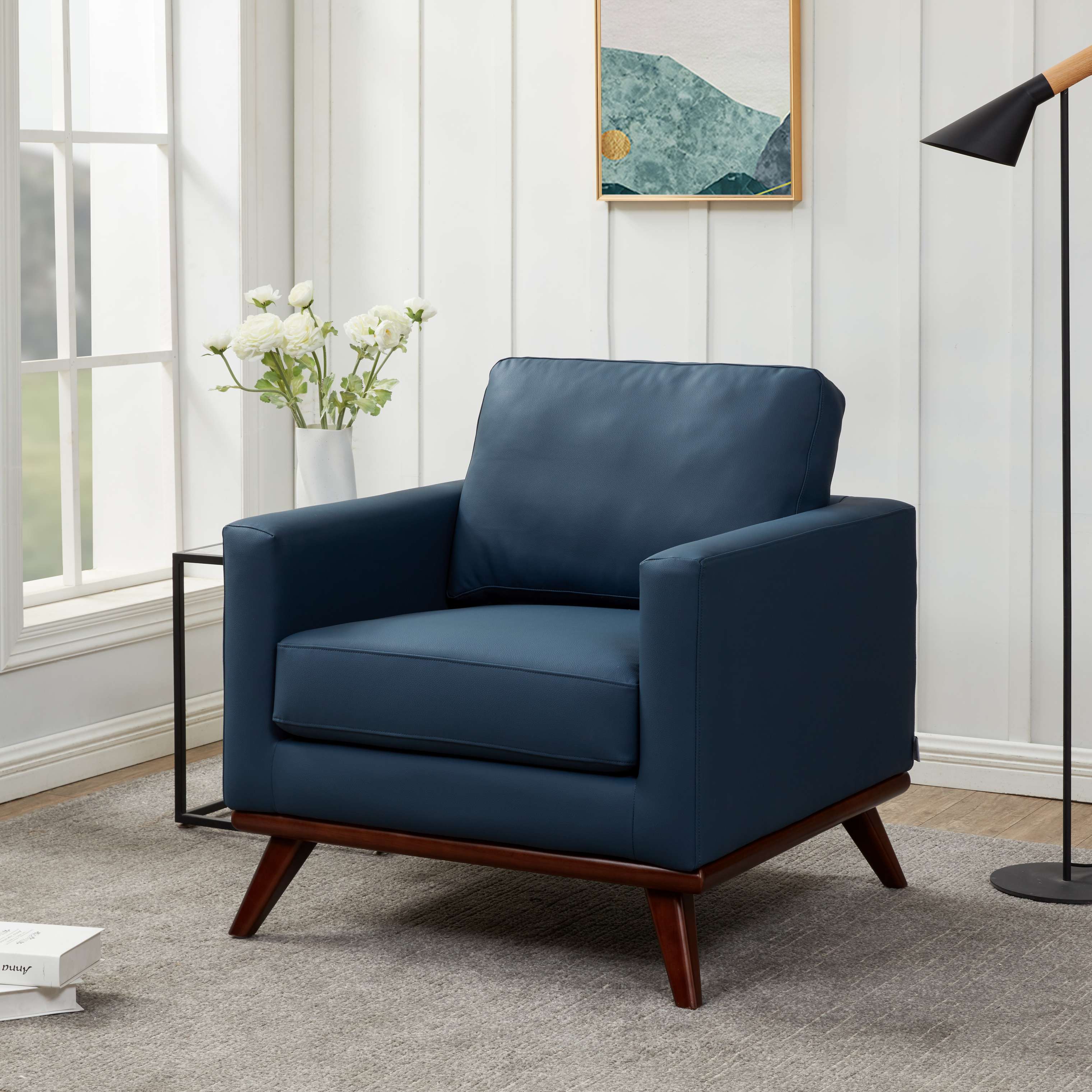 LeisureMod Chester Modern Leather Accent Arm Chair With Birch Wood Base