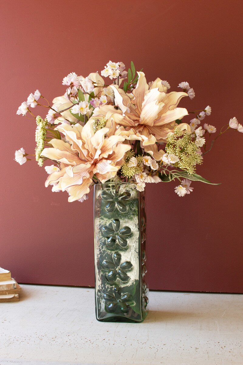 Square Glass Vase With Embossed Flowers (Min 2) By Kalalou | Vases | Modishstore - 1