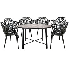 LeisureMod Devon Mid-Century Modern 7-Piece Aluminum Outdoor Patio Dining Set with Tempered Glass Top Table and 6 Stackable
 - DT48CABL6