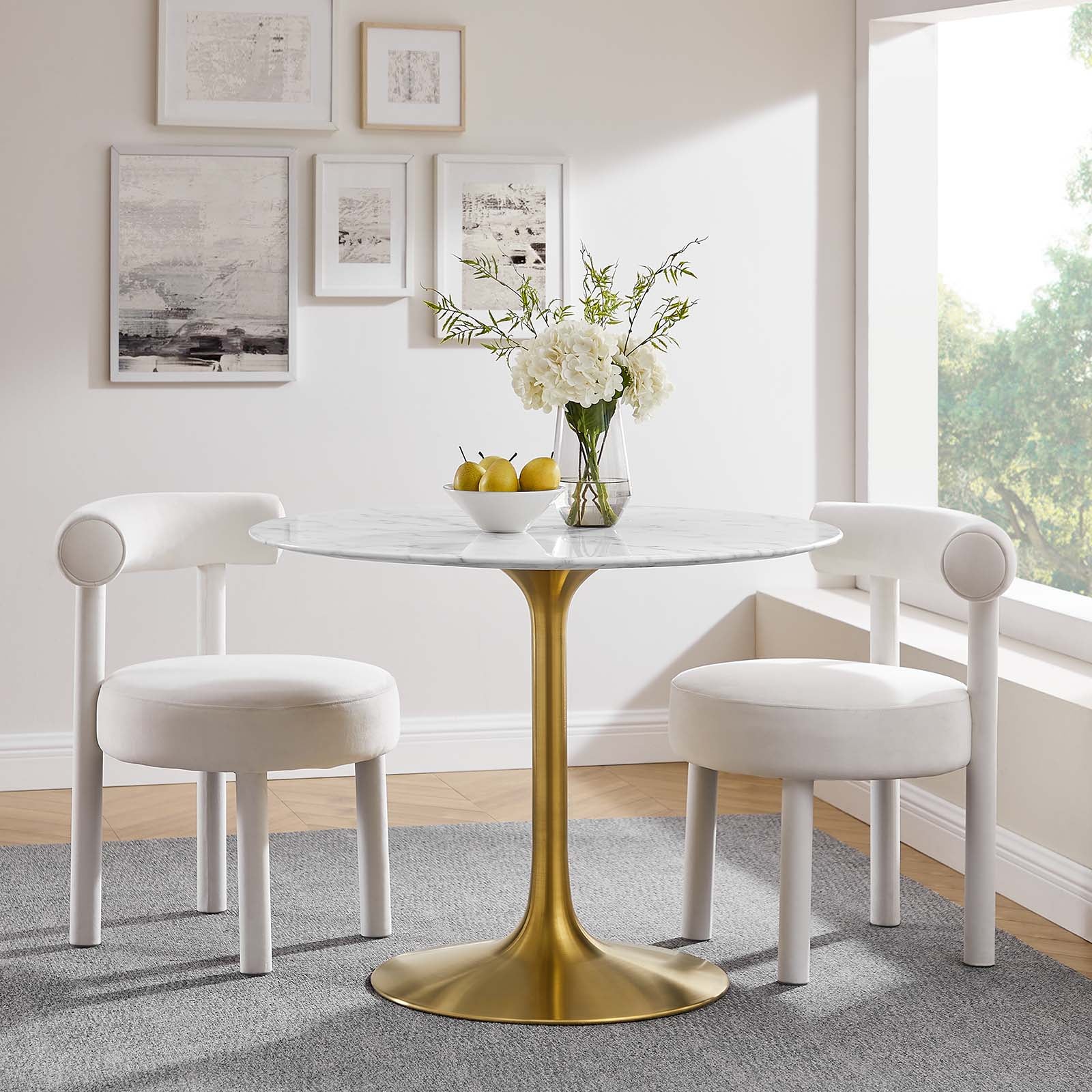 Modway Lippa 40 Round Artificial Marble Dining Table Gold White