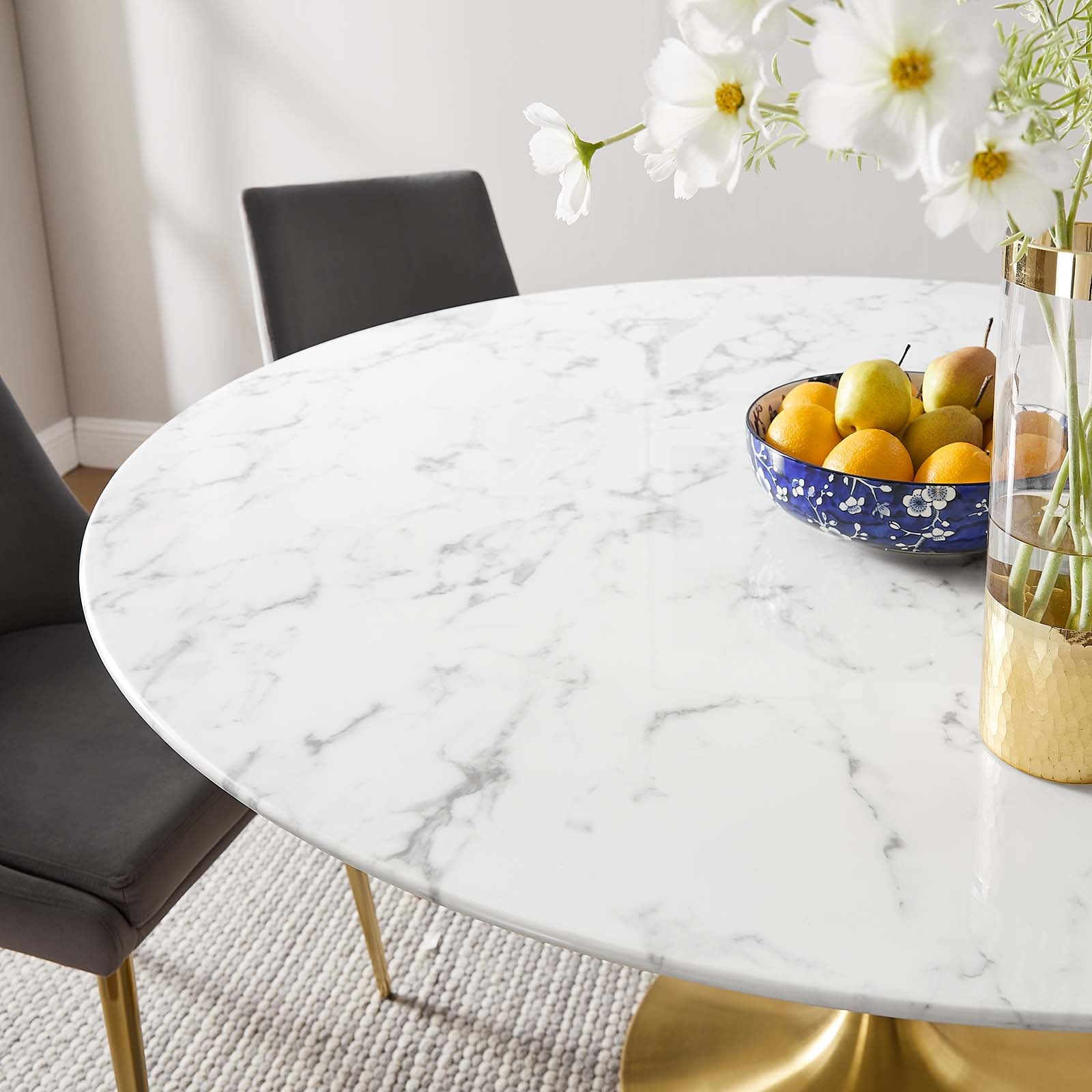 Modway Lippa 60 Round Artificial Marble Dining Table Gold White