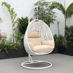 LeisureMod White Wicker Hanging Egg Swing Chair