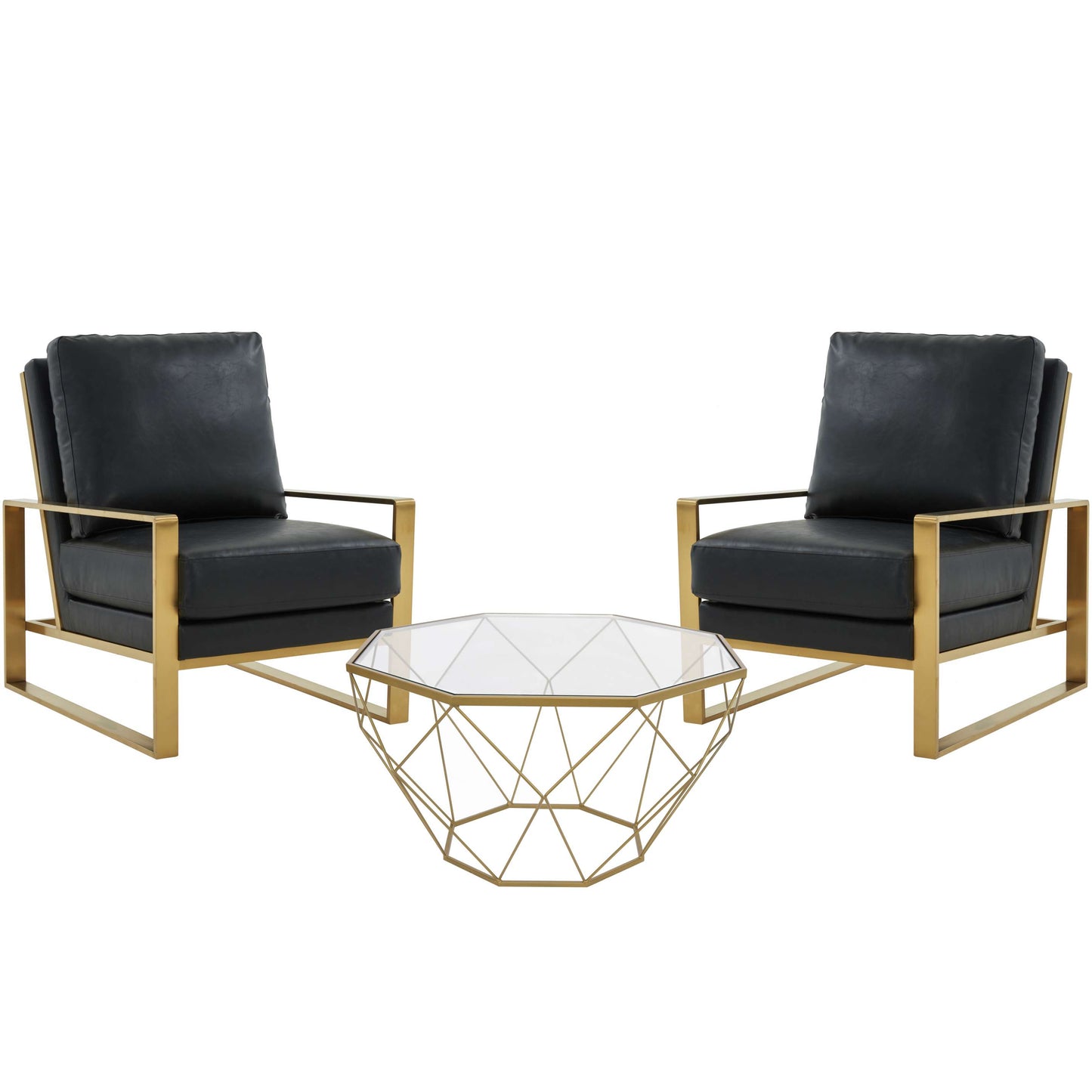 LeisureMod Jefferson Leather Armchair with Gold Frame and Large Octagon Coffee Table with Geometric Base | Armchairs | Modishstore