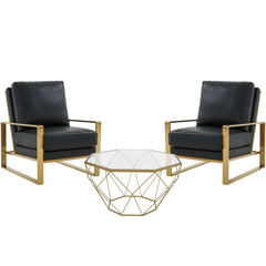 LeisureMod Jefferson Leather Armchair with Gold Frame and Large Octagon Coffee Table with Geometric Base