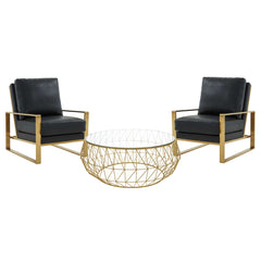 LeisureMod Jefferson Modern Leather Armchair with Gold Frame and Round Coffee Table with Glass Top and Metal Base