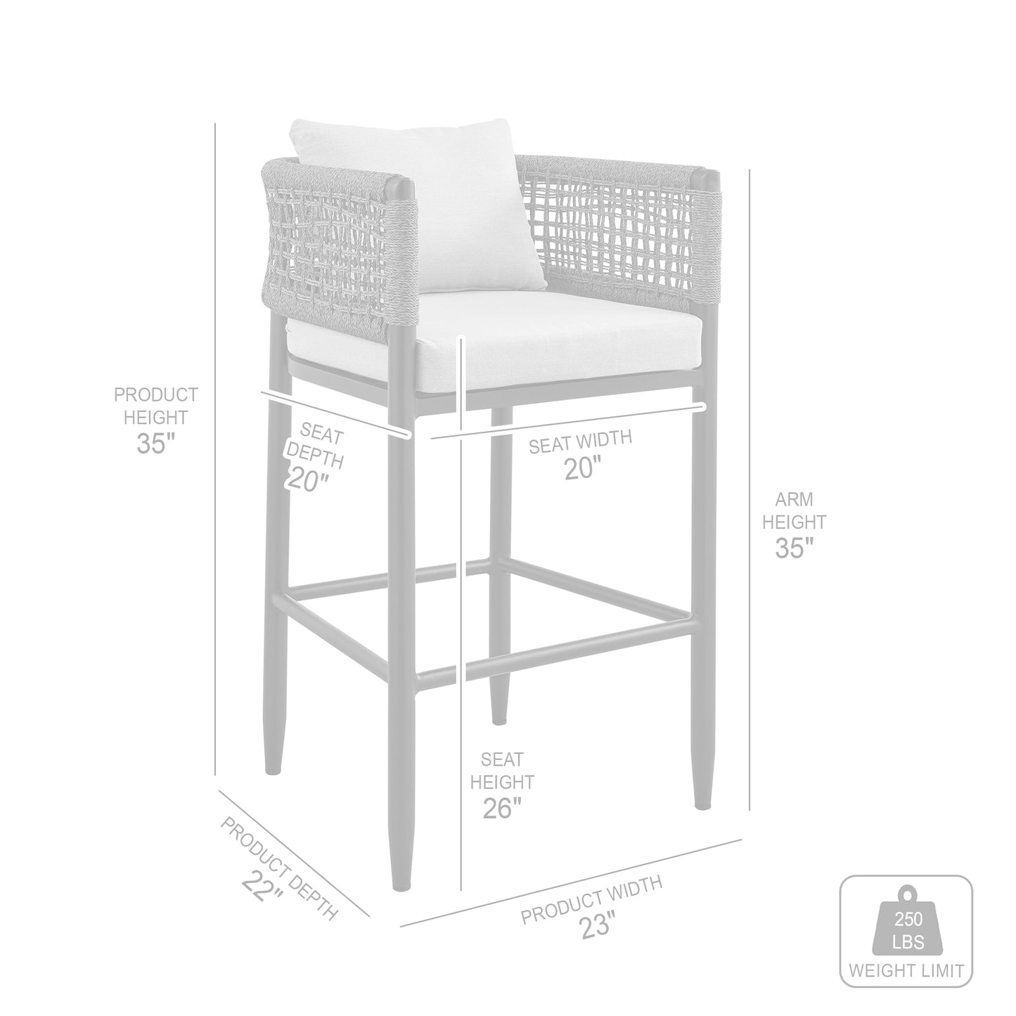 Alegria Outdoor Patio Counter Height Bar Stool in Aluminum with Gray Rope and Cushions By Armen Living | Bar Stools | Modishstore - 10