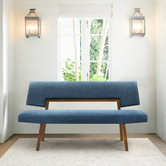 Channell Wood Dining Bench in Walnut Finish with Blue Fabric By Armen Living