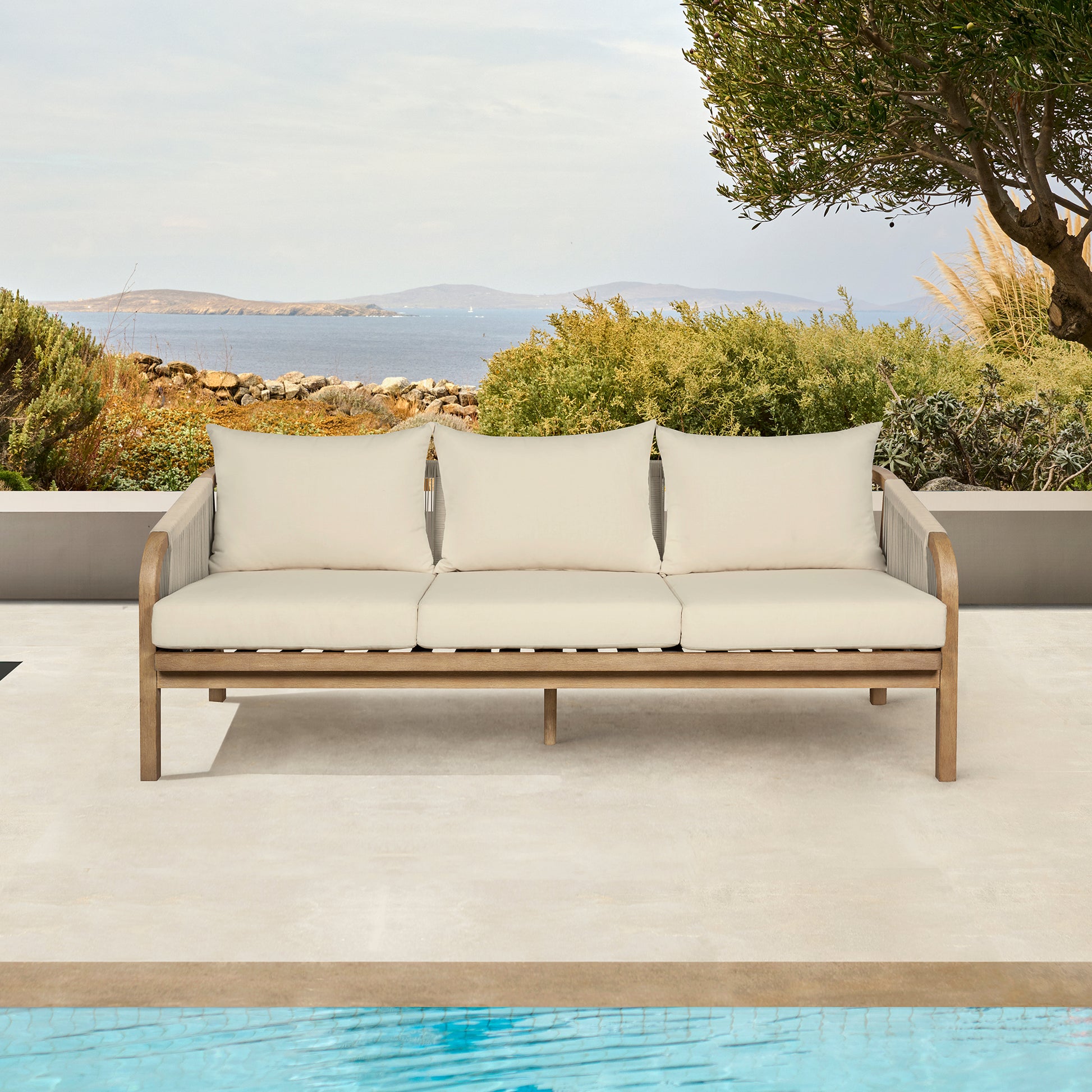 Cypress Outdoor Patio Sofa in Blonde Eucalyptus Wood and Light Gray Rope with Ivory Olefin Cushions By Armen Living | Outdoor Sofas, Loveseats & Sectionals | Modishstore