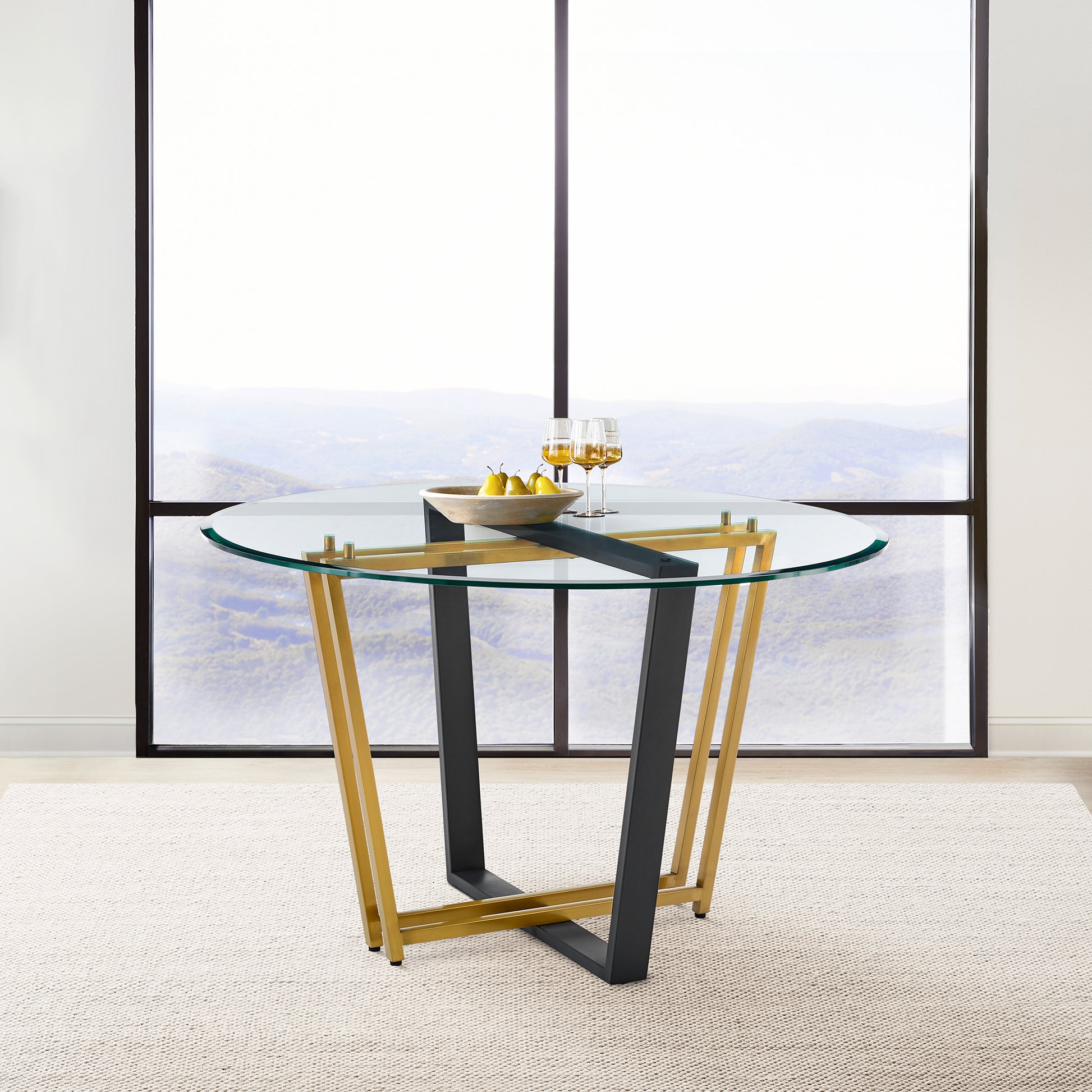 Devi 48" Round Dining Table in Gold Stainless Steel and Black Iron Base with Glass Tabletop  By Armen Living | Dining Tables | Modishstore