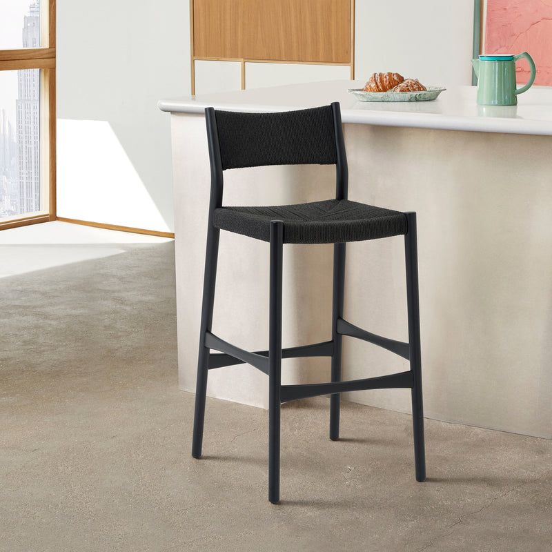 Erie Black Woven Paper Cord and Wood Bar Stool By Armen Living | Bar Stools | Modishstore