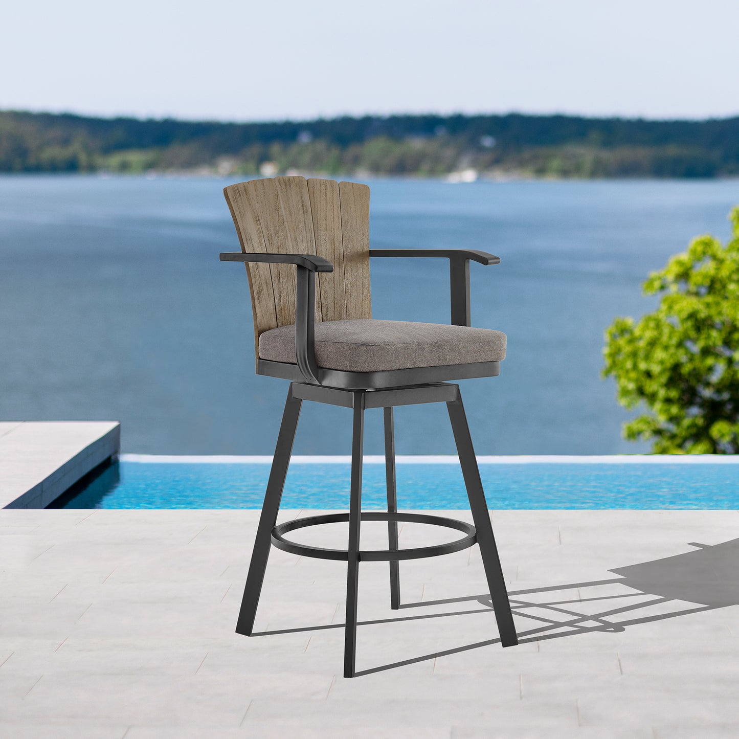 Hazel Outdoor Patio Swivel Counter Stool in Aluminum with Teak Wood and Charcoal Cushion By Armen Living | Bar Stools | Modishstore