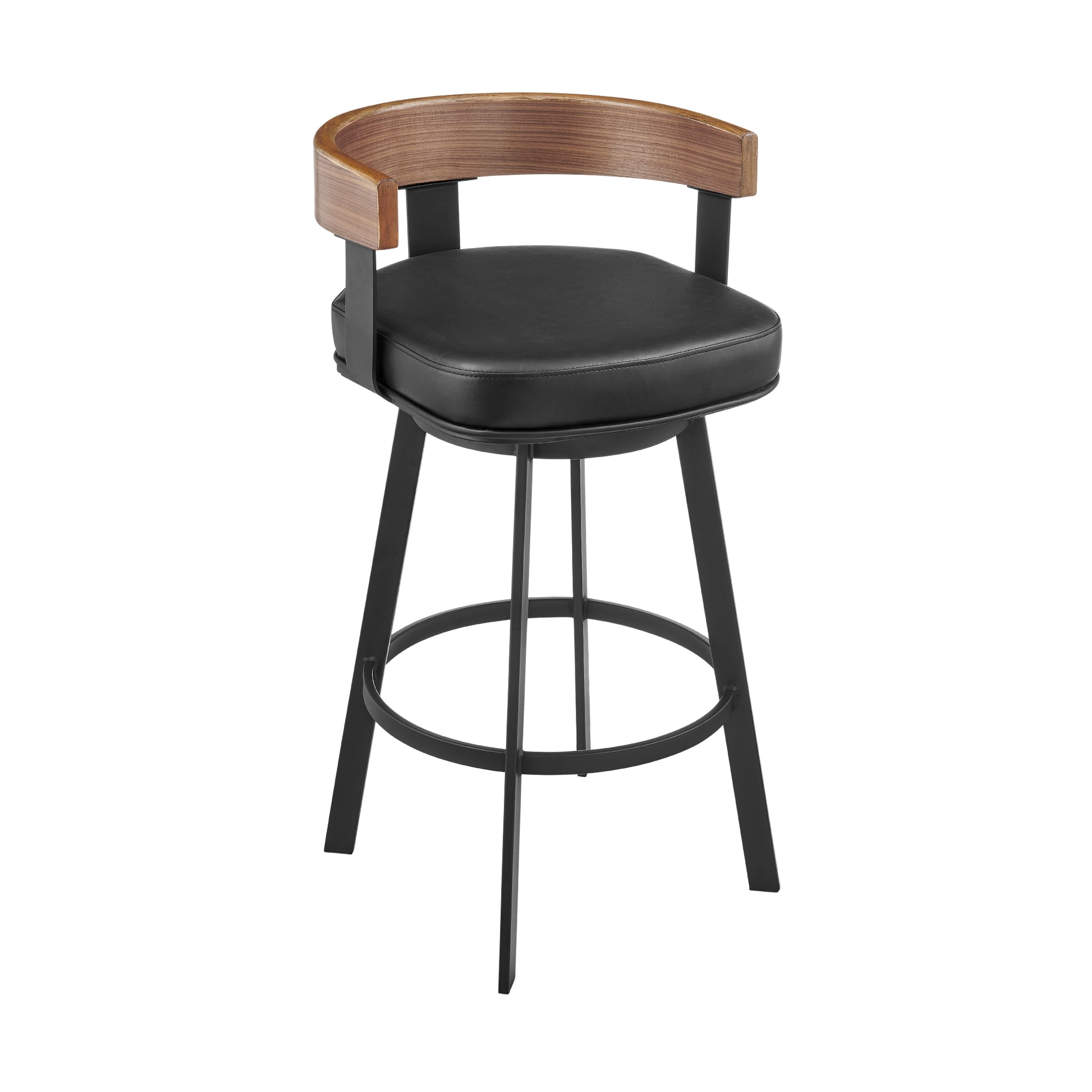 Idris 26" Swivel Counter Stool in Black Iron with Walnut Finish and Vintage Black Faux Leather By Armen Living | Bar Stools | Modishstore - 2