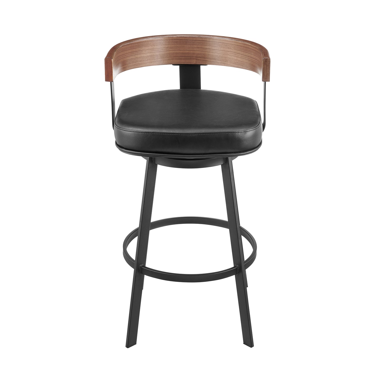 Idris 26" Swivel Counter Stool in Black Iron with Walnut Finish and Vintage Black Faux Leather By Armen Living | Bar Stools | Modishstore - 3