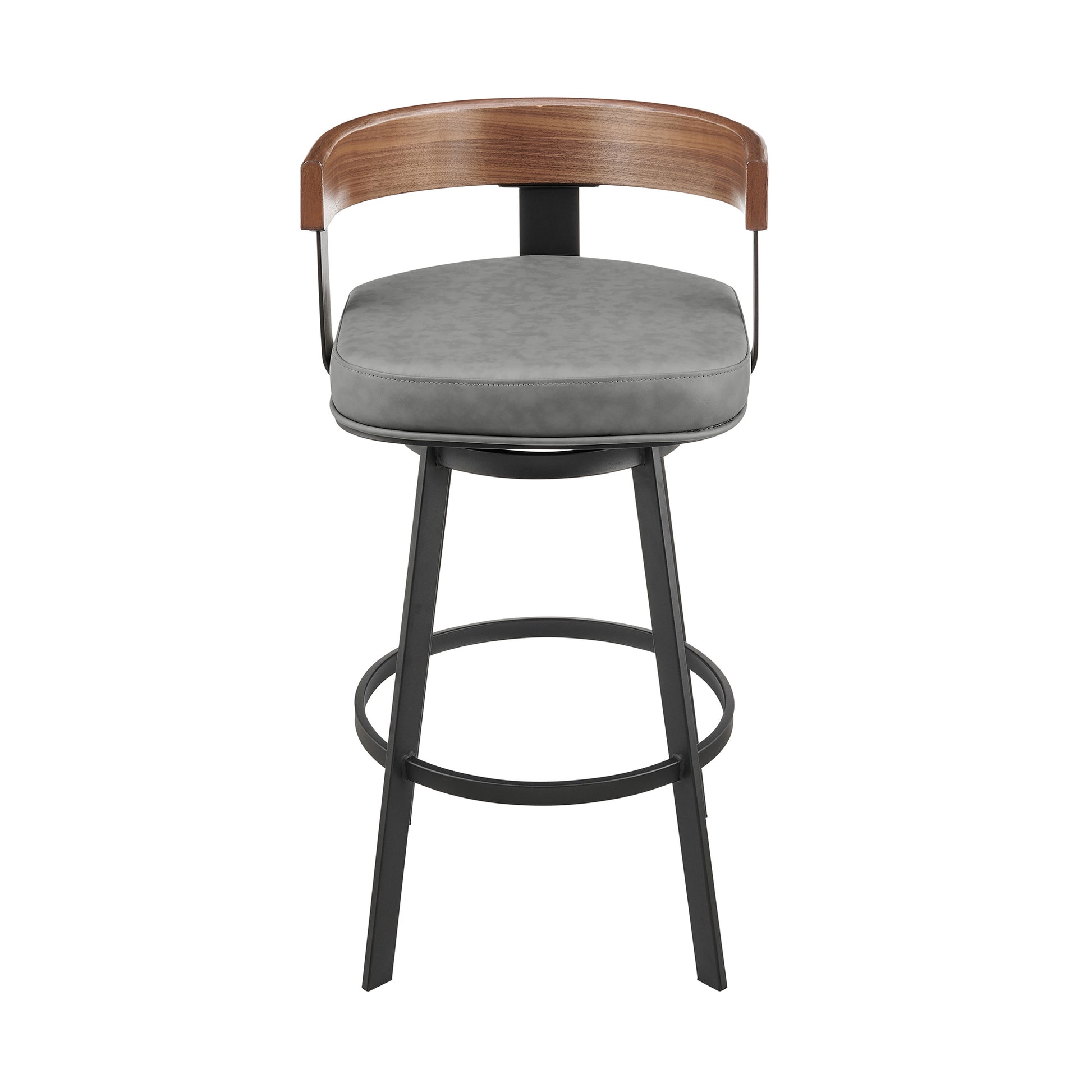 Idris 26" Swivel Counter Stool in Black Iron with Walnut Finish and Vintage Gray Faux Leather By Armen Living | Bar Stools | Modishstore - 3