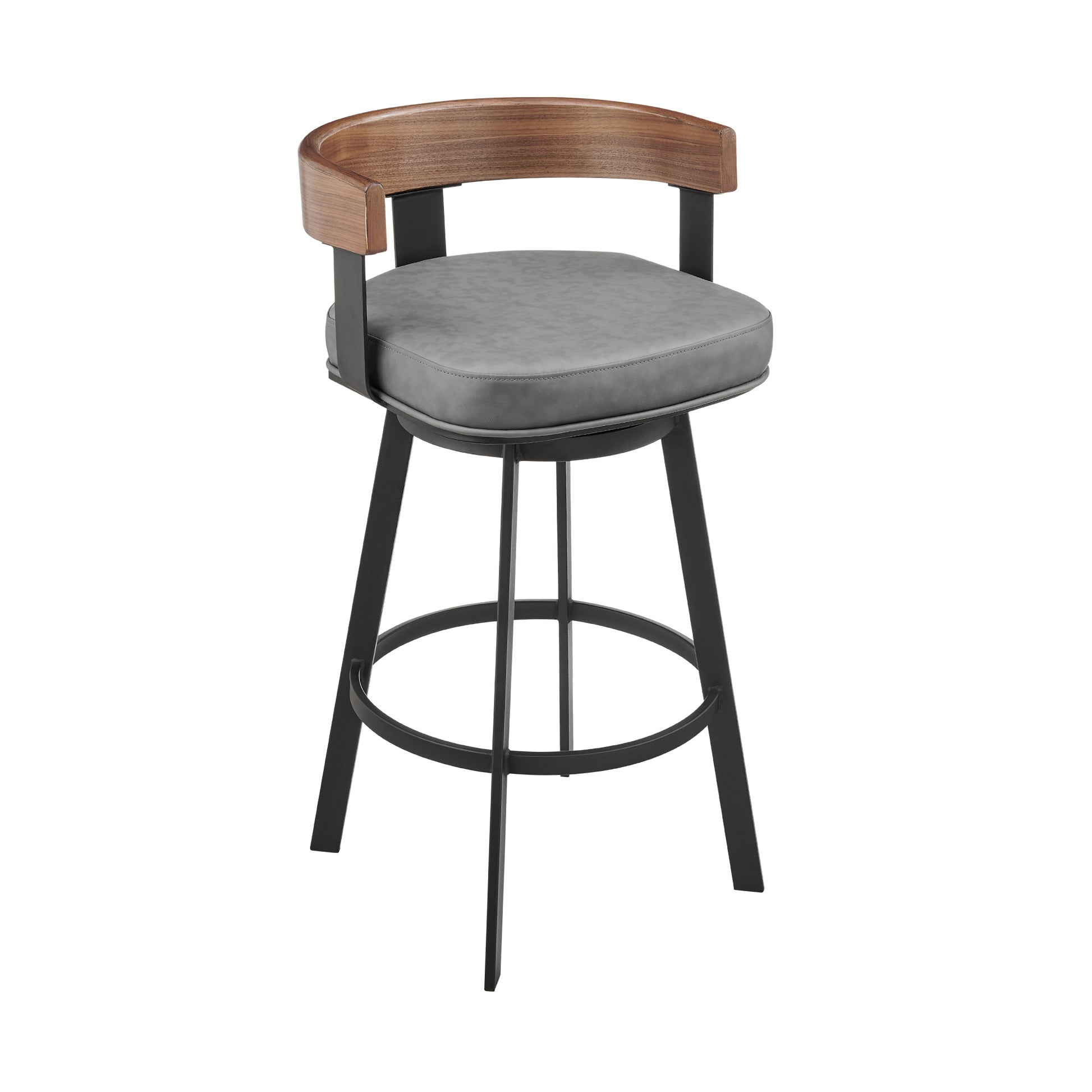 Idris 30" Swivel Bar Stool in Black Iron with Walnut Finish and Vintage Gray Faux Leather By Armen Living | Bar Stools | Modishstore - 2