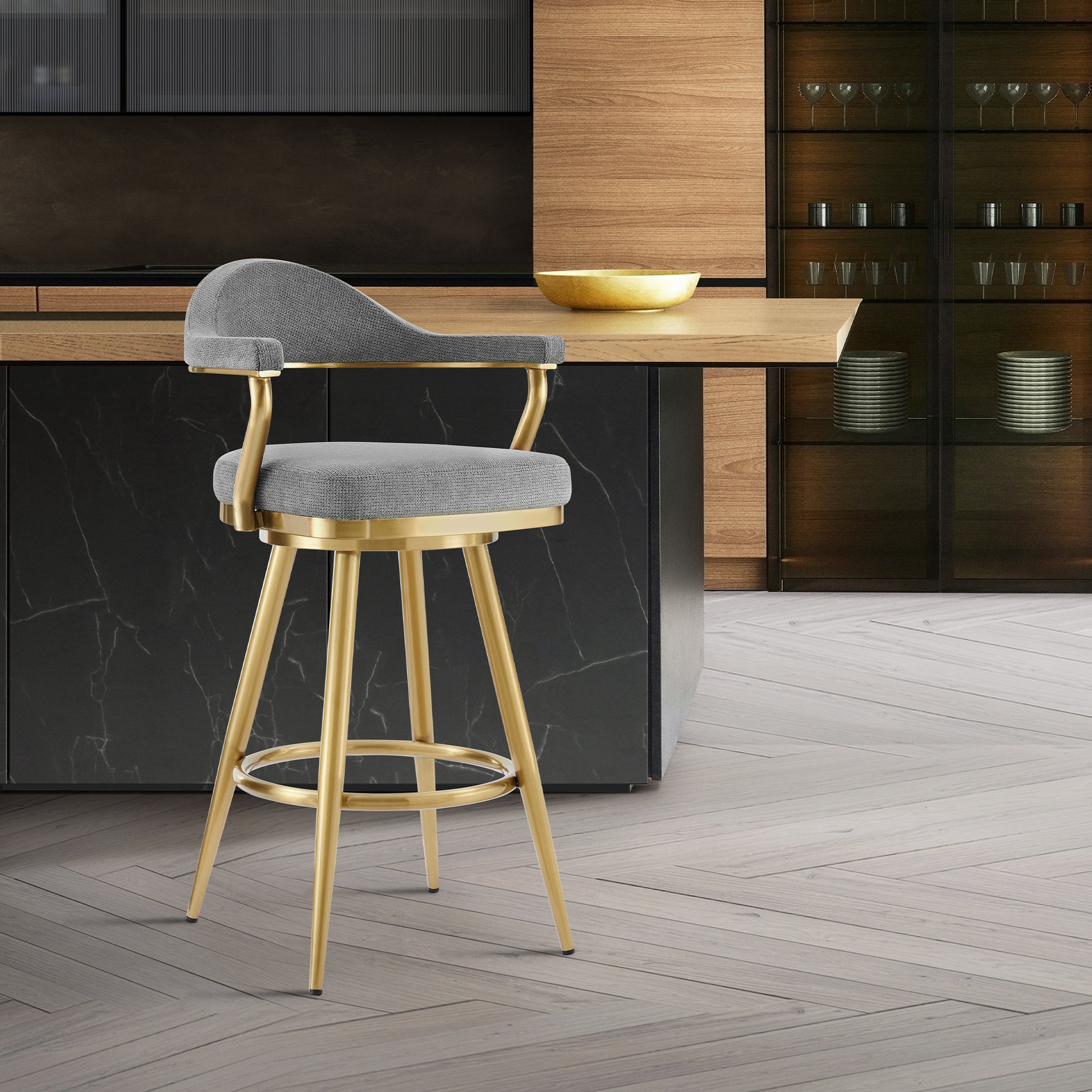 Justin 30" Swivel Bar Stool with Gold Brushed Stainless Steel and Anchor Gray Fabric By Armen Living | Bar Stools | Modishstore