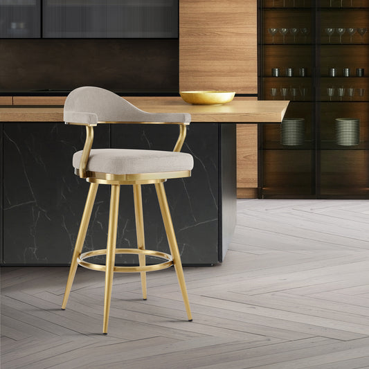 Justin 26" Swivel Counter Stool with Gold Brushed Stainless Steel and Taupe Fabric By Armen Living | Bar Stools | Modishstore