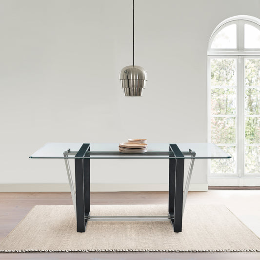 Kai 72" Rectangular Dining Table in Black Iron and Brushed Stainless Steel Base with Glass Tabletop By Armen Living | Dining Tables | Modishstore