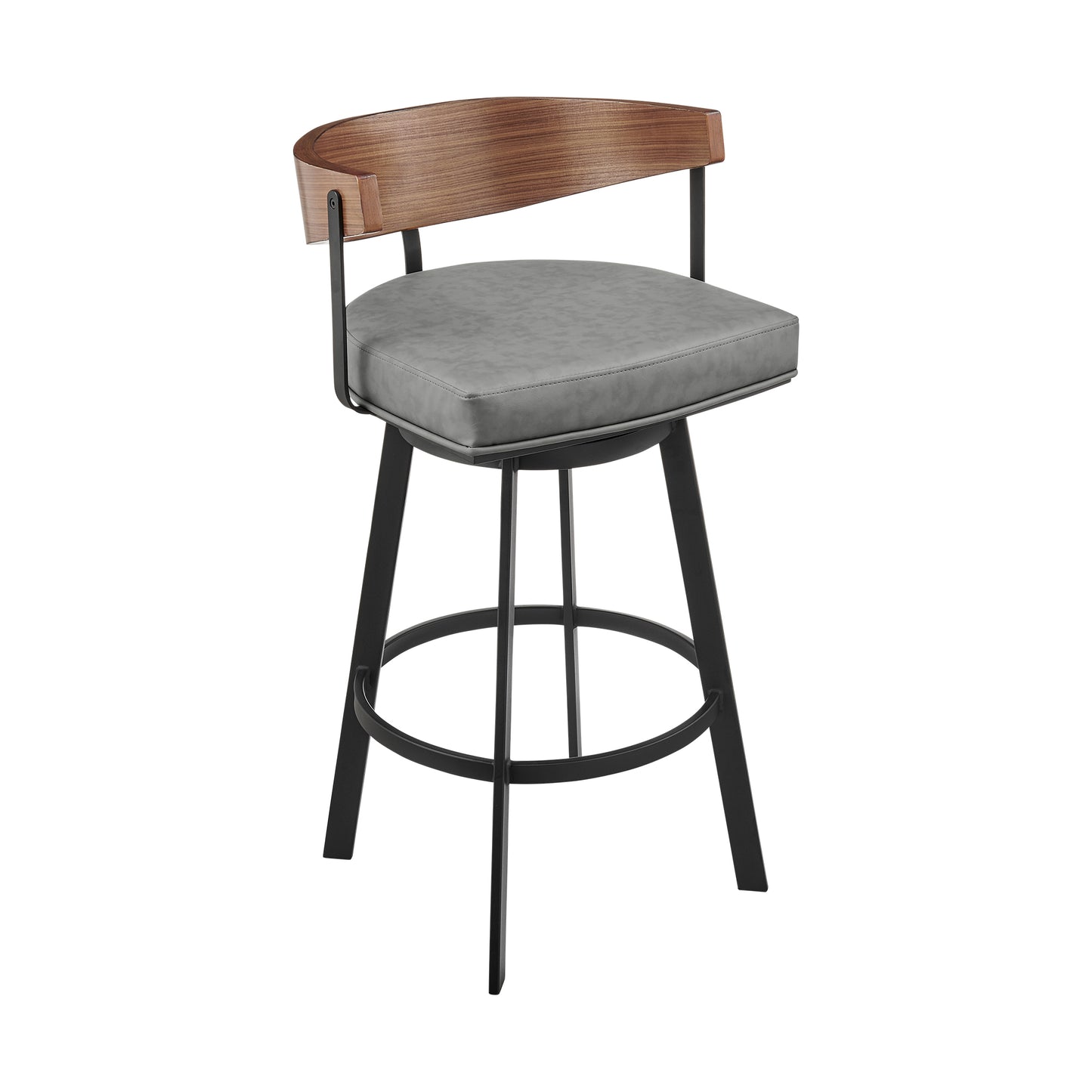 Lacey 26" Swivel Counter Stool in Black Iron with Walnut Finish and Vintage Gray Faux Leather By Armen Living | Bar Stools | Modishstore - 2