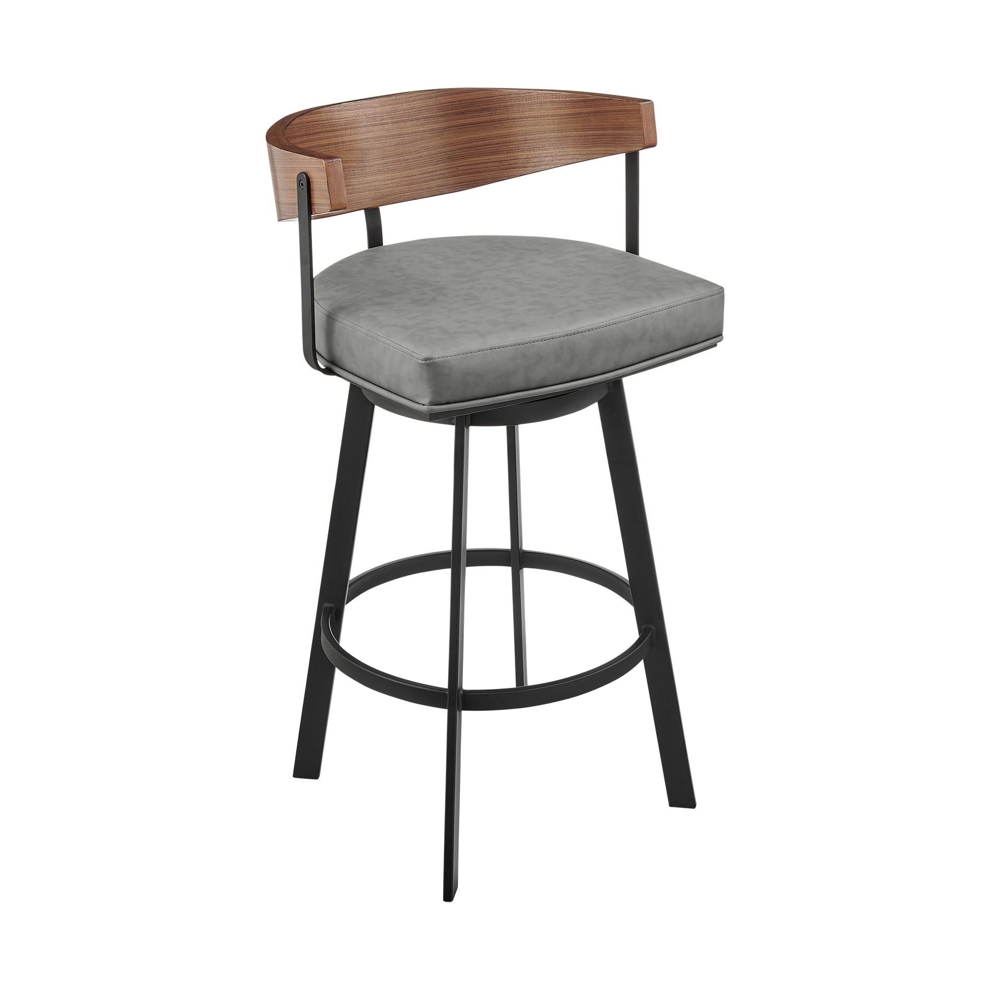 Lacey 26" Swivel Counter Stool in Black Iron with Walnut Finish and Vintage Gray Faux Leather By Armen Living | Bar Stools | Modishstore - 2