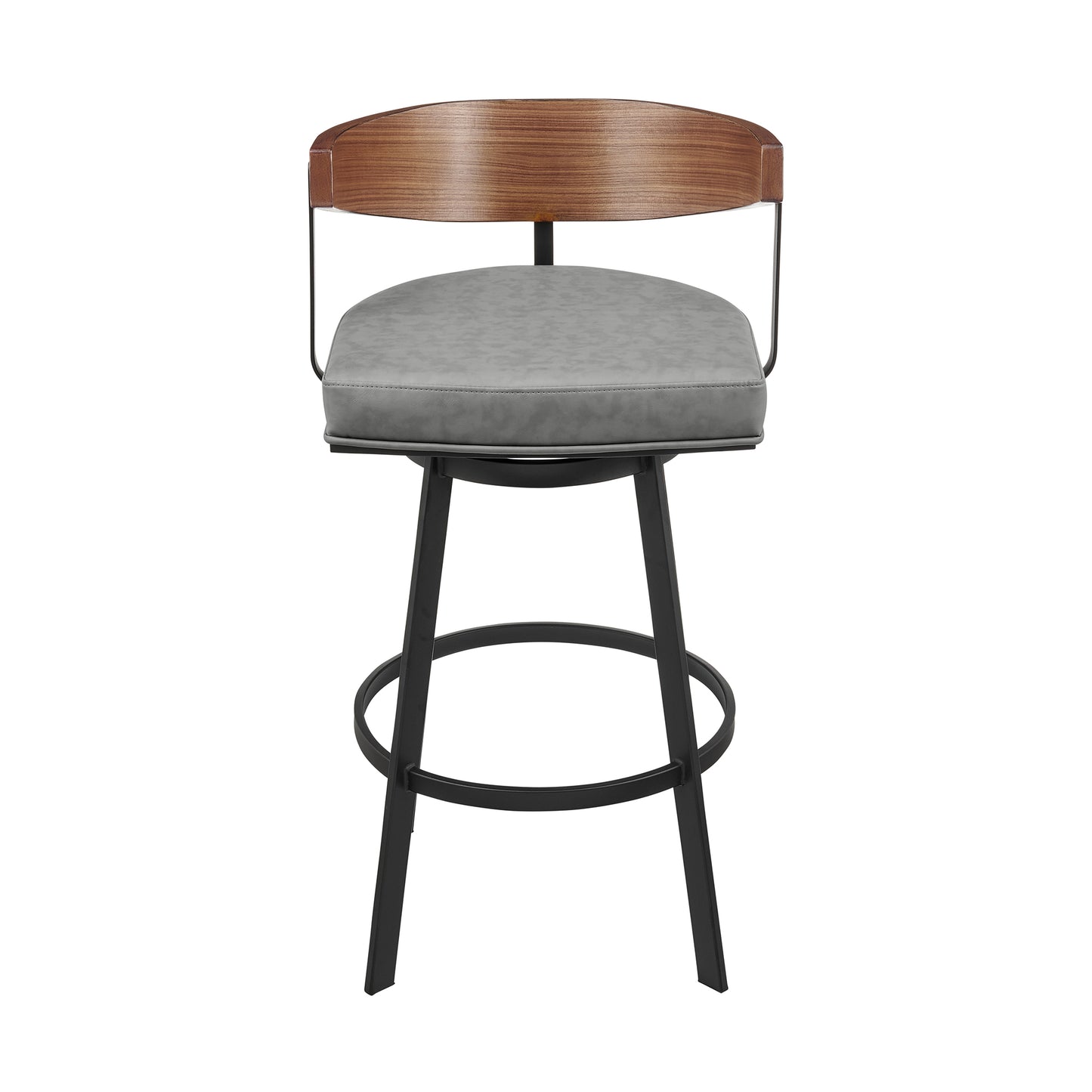 Lacey 26" Swivel Counter Stool in Black Iron with Walnut Finish and Vintage Gray Faux Leather By Armen Living | Bar Stools | Modishstore - 3