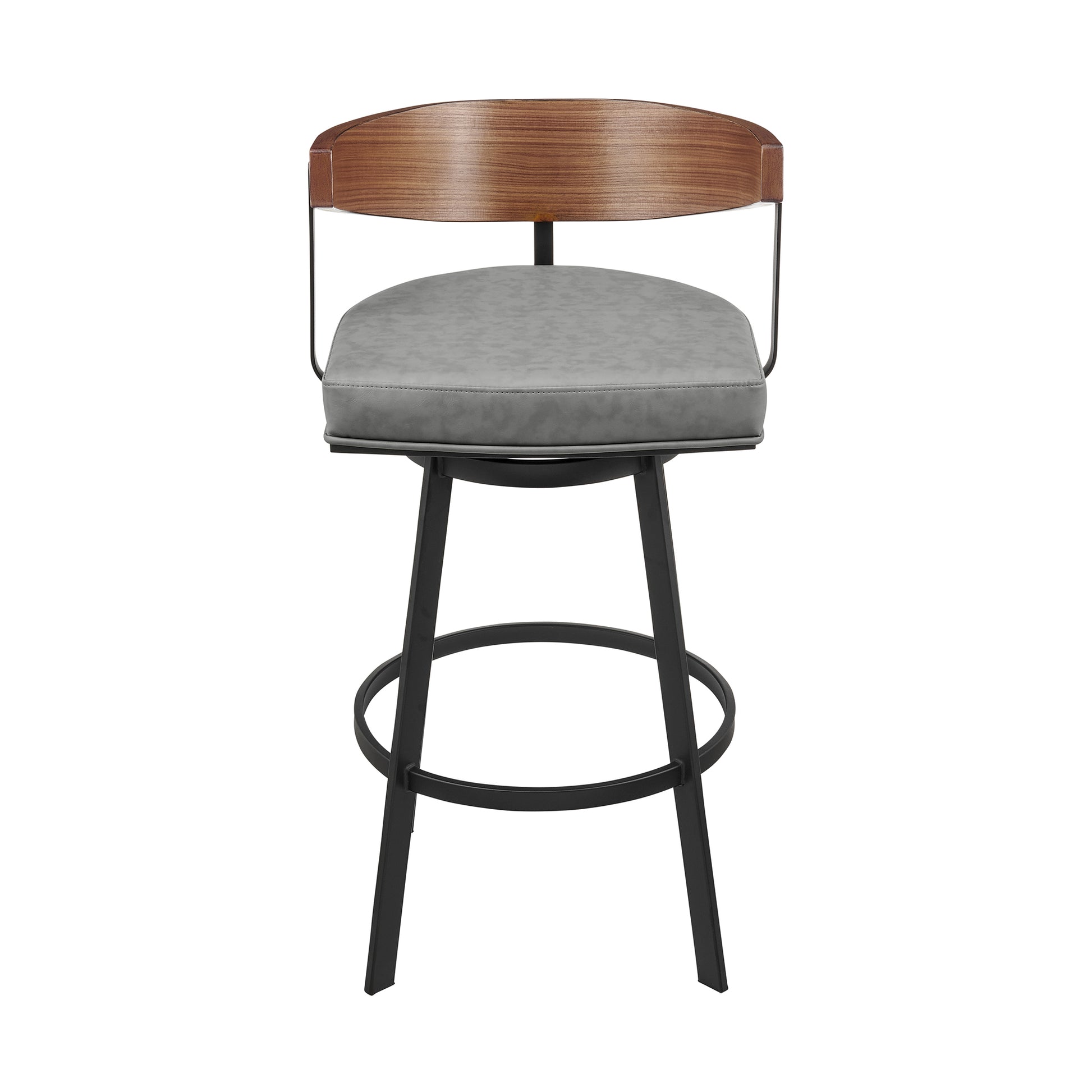 Lacey 26" Swivel Counter Stool in Black Iron with Walnut Finish and Vintage Gray Faux Leather By Armen Living | Bar Stools | Modishstore - 3