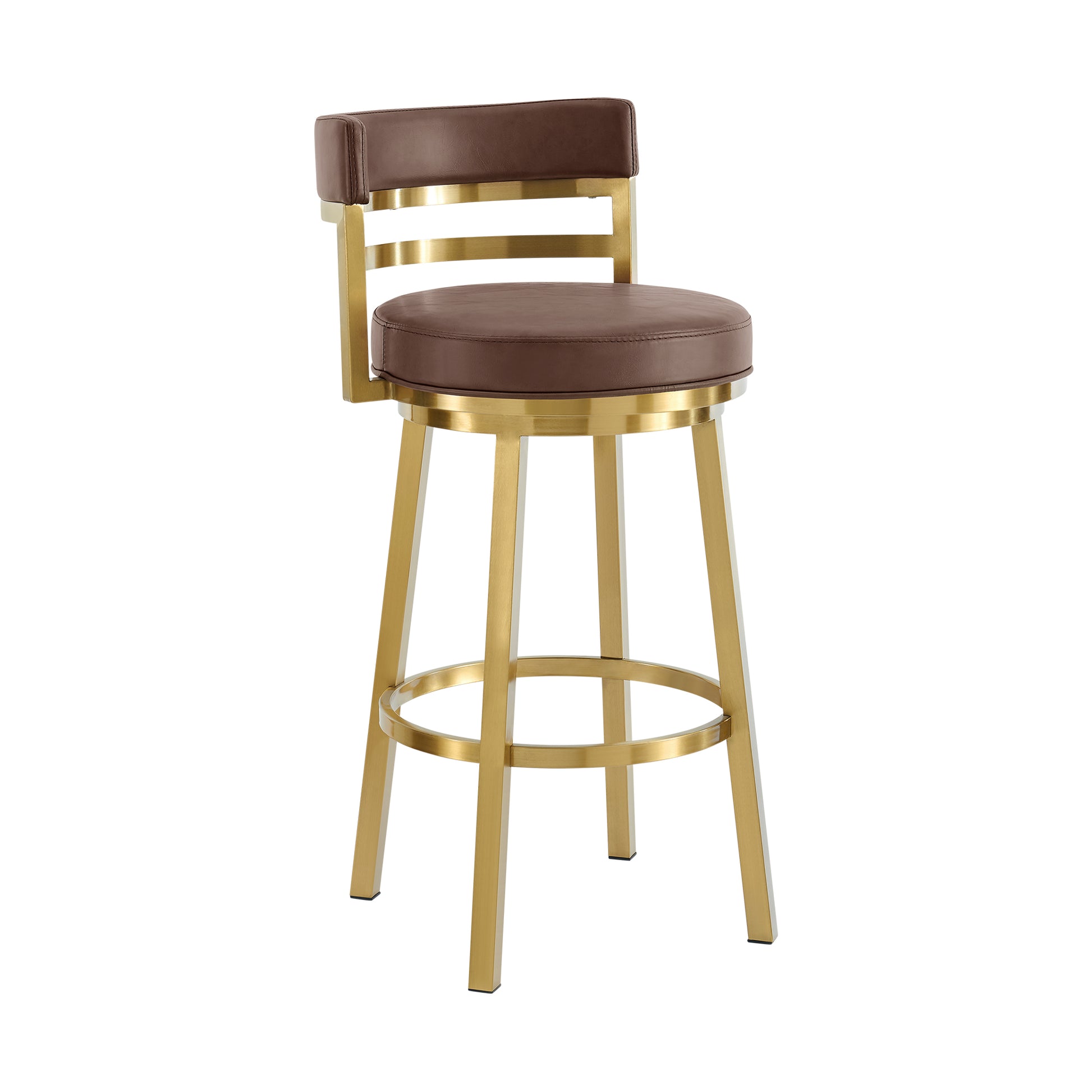 Madrid 26" Swivel Counter Stool in Gold Brushed Stainless Steel with Vintage Coffee Faux Leather By Armen Living | Bar Stools | Modishstore - 2