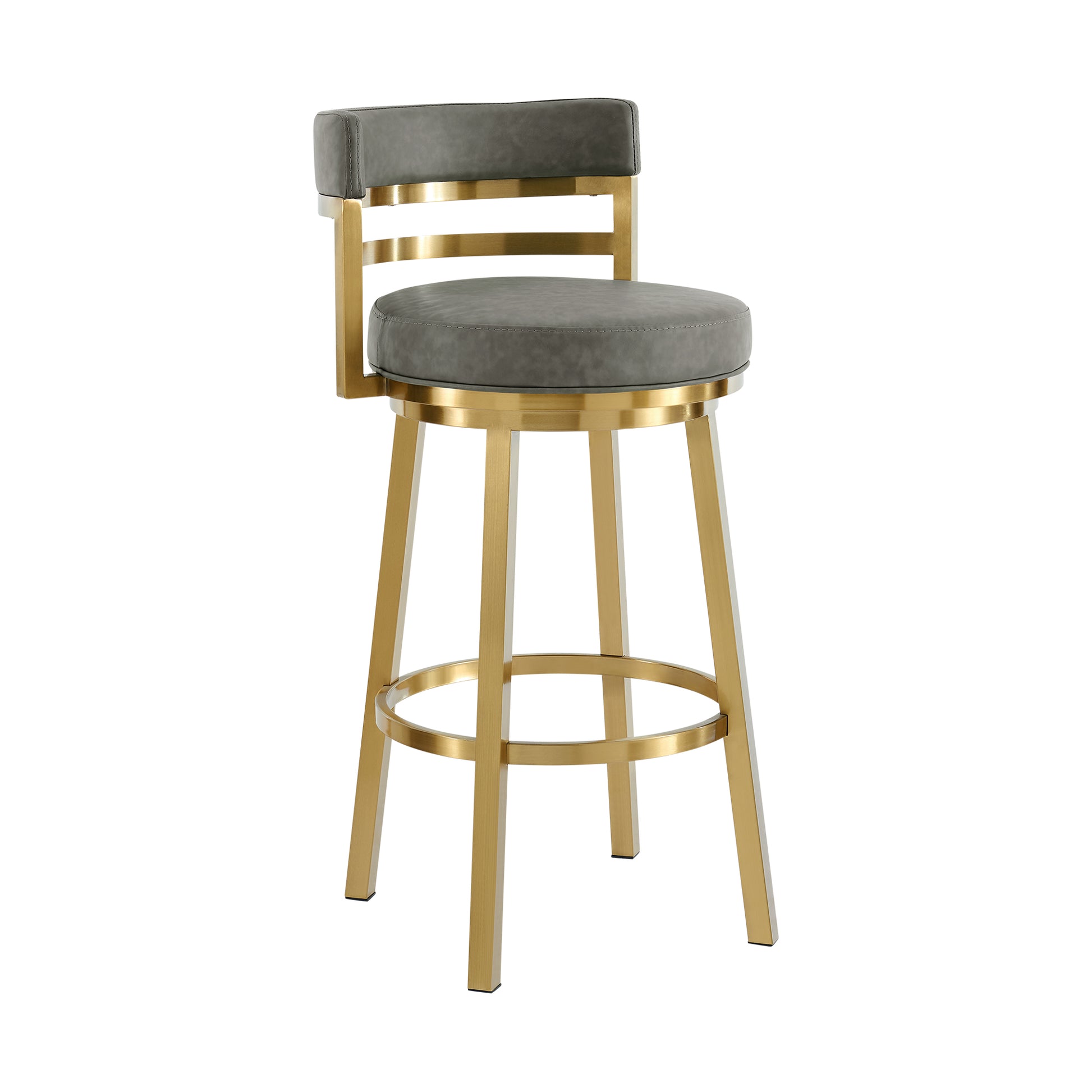 Madrid 26" Swivel Counter Stool with Gold Brushed Stainless Steel and Vintage Gray Faux Leather By Armen Living | Bar Stools | Modishstore - 2