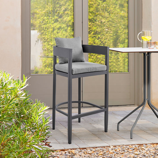 Menorca Outdoor Patio Counter Height Bar Stool in Aluminum with Gray Cushions By Armen Living | Bar Stools | Modishstore