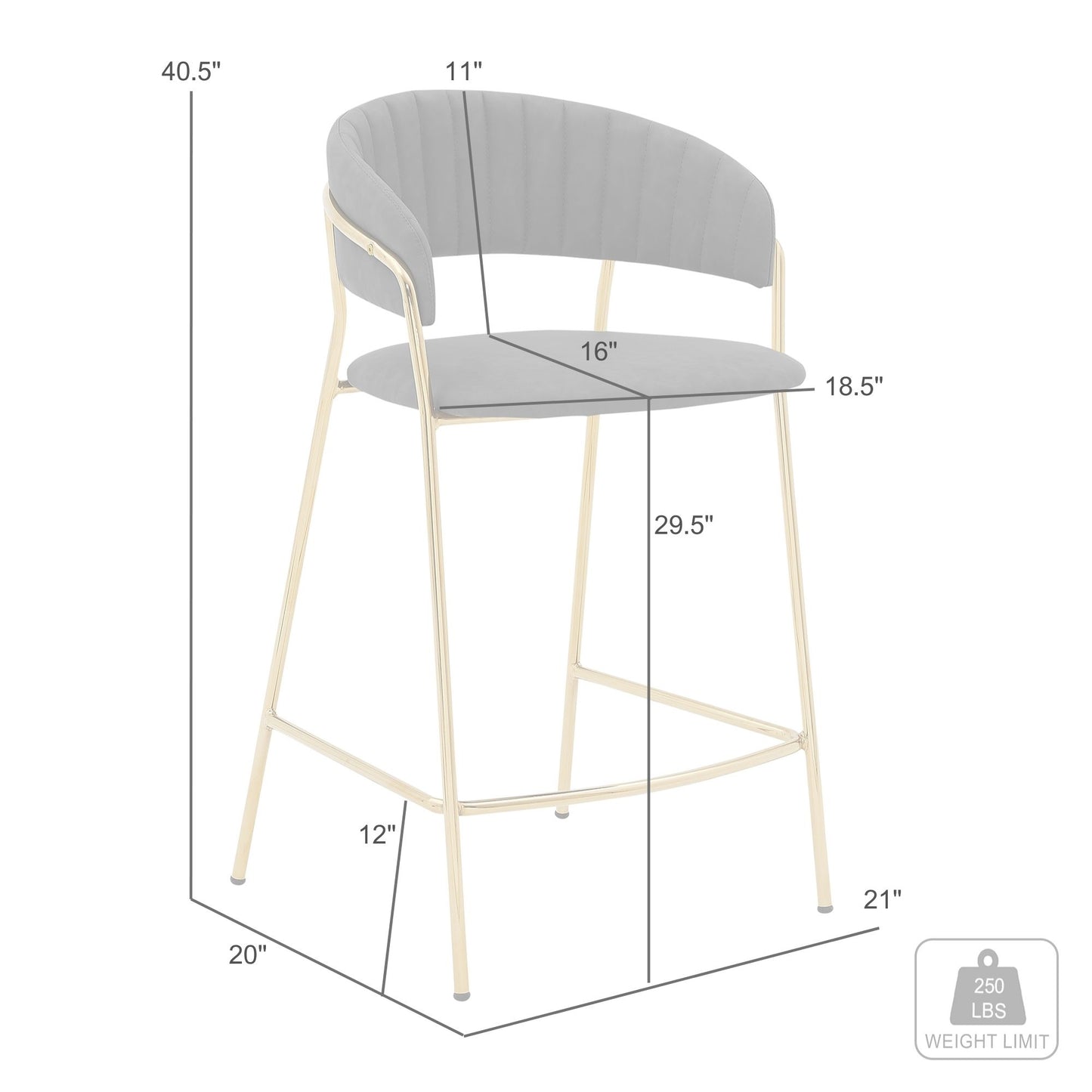 Nara 30" Gray Faux Leather and Metal Counter Height Barstool with Gold Frame By Armen Living | Bar Stools | Modishstore - 8