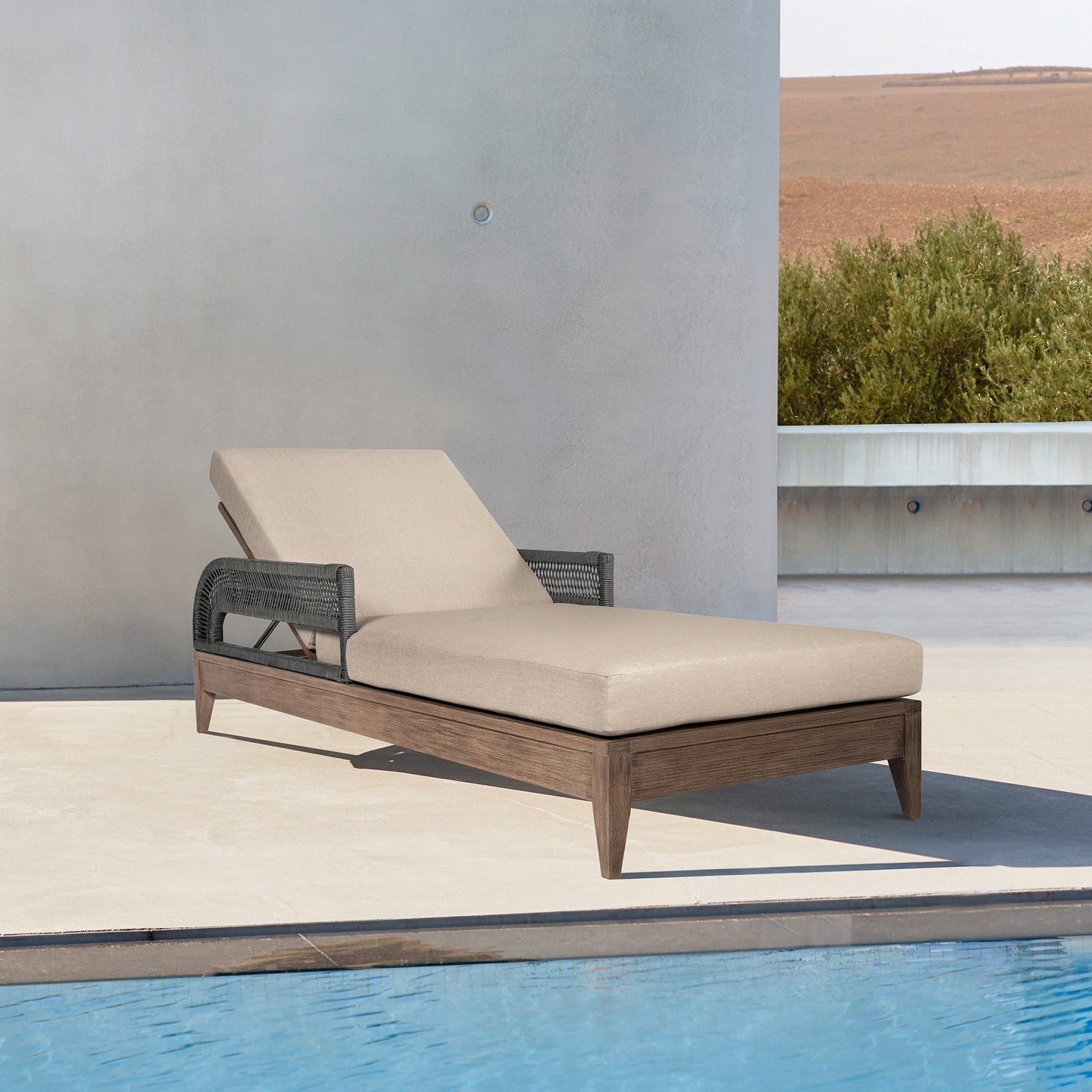 Orbit Outdoor Patio Chaise Lounge Chair in Weathered Eucalyptus Wood with Gray Rope and Taupe Olefin Cushions By Armen Living | Outdoor Chaise Lounges | Modishstore