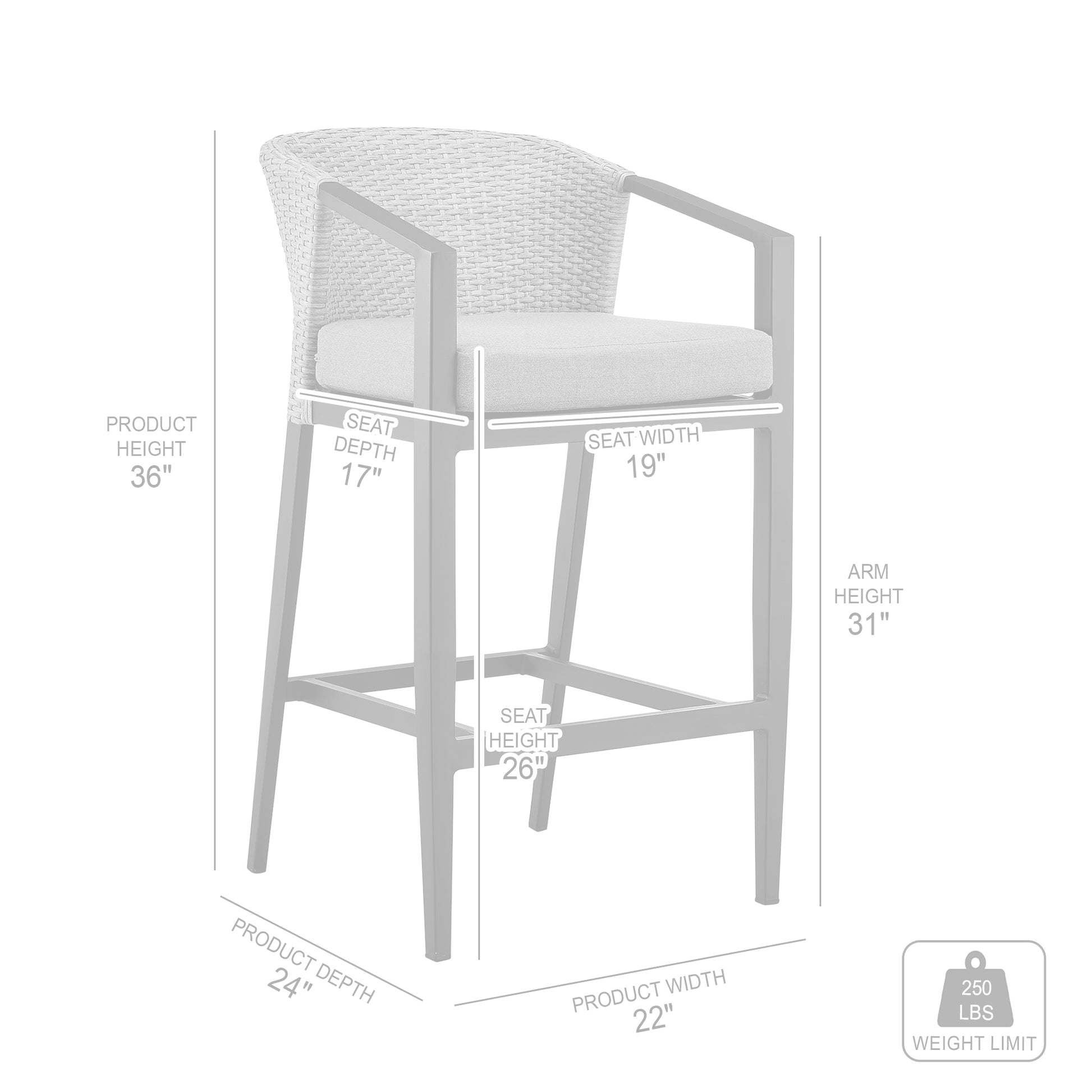 Palma Outdoor Patio Counter Height Bar Stool in Aluminum and Wicker with Gray Cushions By Armen Living | Bar Stools | Modishstore - 9