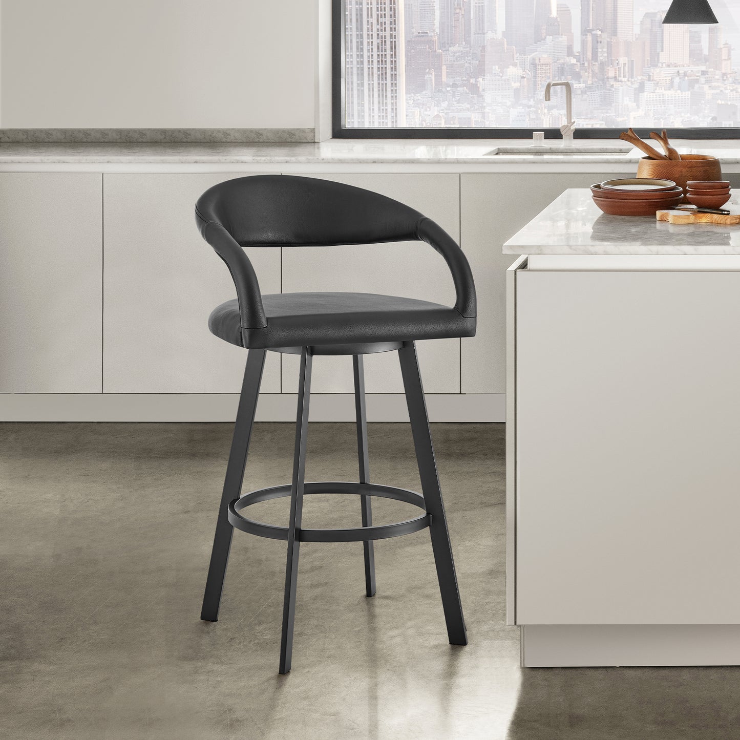 Ramona 30" Swivel Bar Stool with Matte Black Iron and Black Faux Leather By Armen Living | Bar Stools | Modishstore