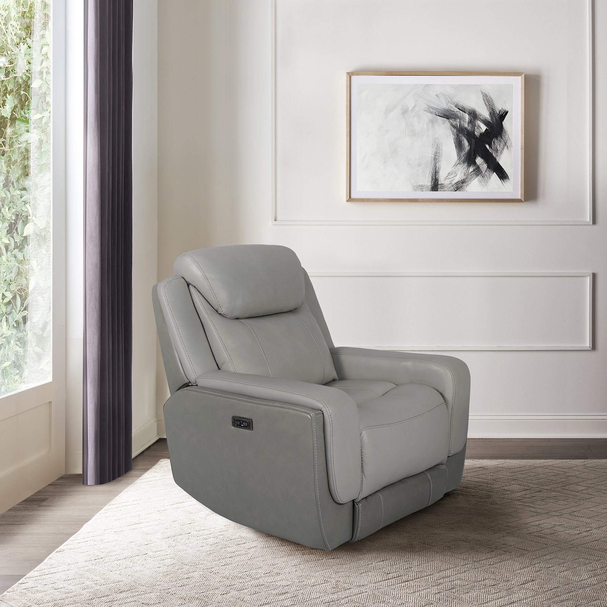 Rosalyn Zero Gravity Power Recliner in Silver and Gray Leather with Power Headrest By Armen Living | Recliners | Modishstore